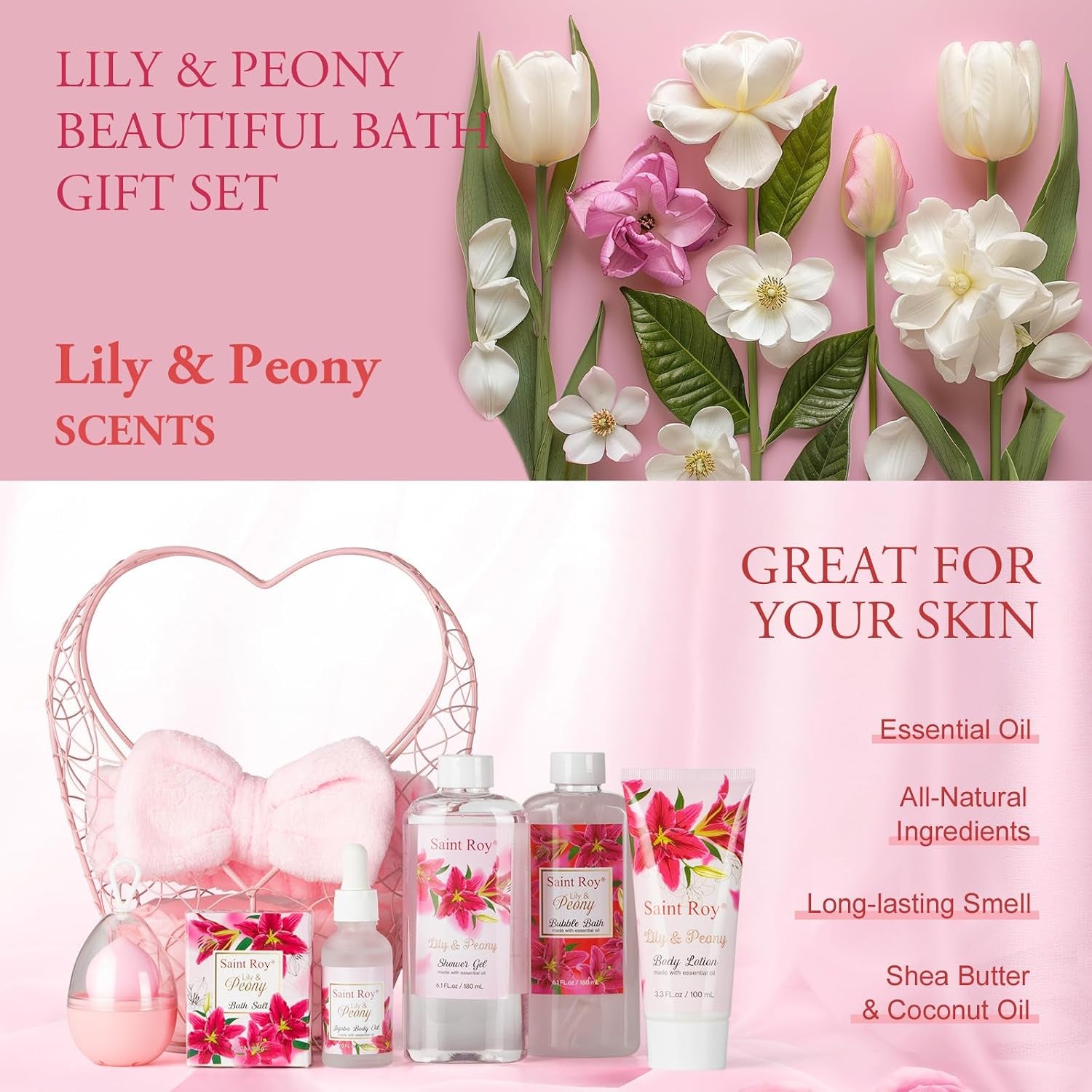 Luxury Home Spa Gift Set – Lily & Peony Bath & Body Collection with Jojoba Oil | Thoughtful Self-Care Gift for Women, Birthdays, Holidays & Special Occasions