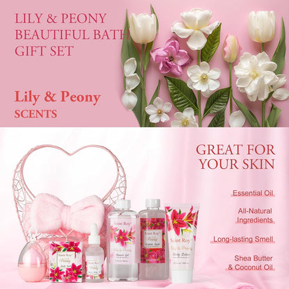 Luxury Home Spa Gift Set – Lily & Peony Bath & Body Collection with Jojoba Oil | Thoughtful Self-Care Gift for Women, Birthdays, Holidays & Special Occasions