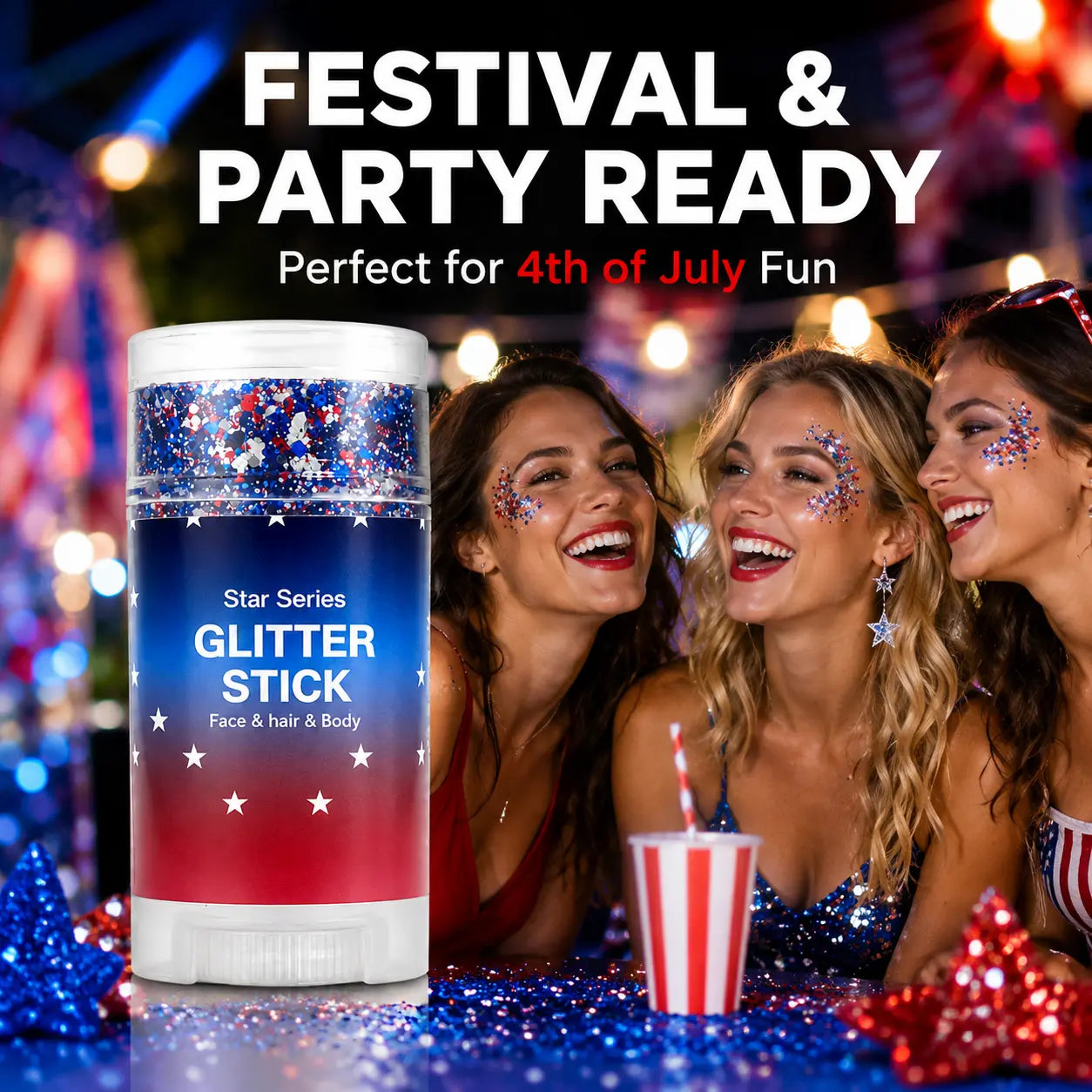 4Th of July Red White Blue Glitter Stick, Body & Hair Sparkle Makeup for Independence Day Party, Parade, Festival & Fireworks Look
