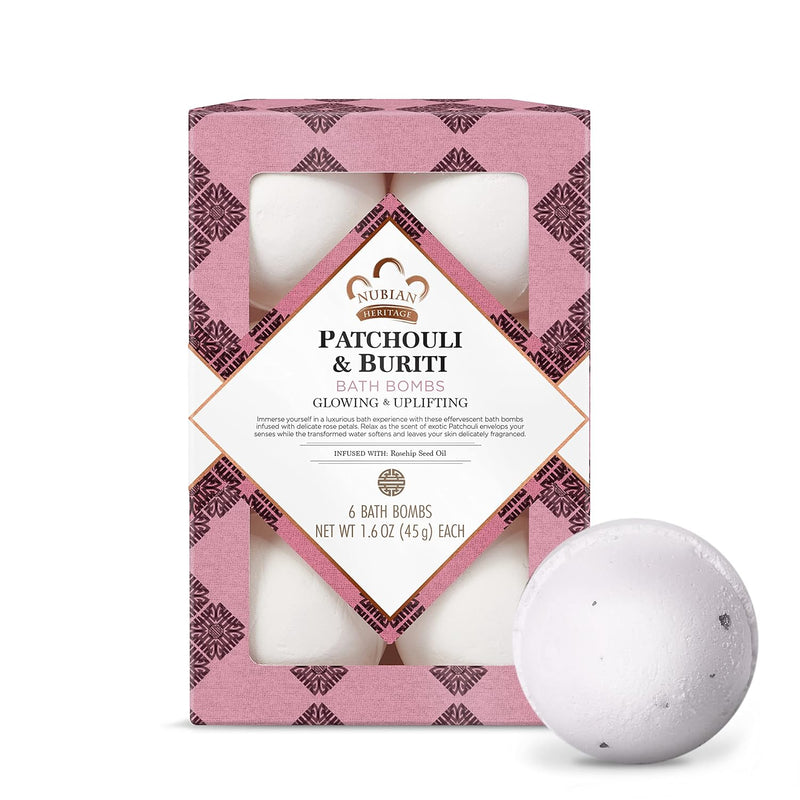 Nubian Heritage Bath Bombs Patchouli and Buriti Uplifting Bath and Body Products 1.6 Oz 6 Count