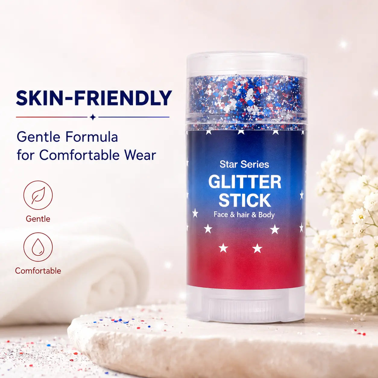 4Th of July Red White Blue Glitter Stick, Body & Hair Sparkle Makeup for Independence Day Party, Parade, Festival & Fireworks Look