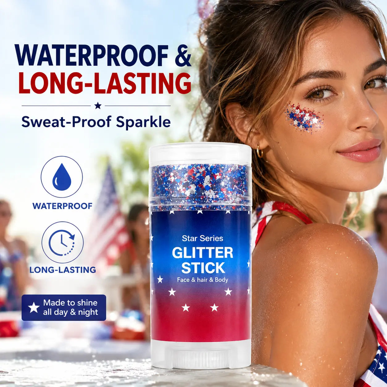 4Th of July Red White Blue Glitter Stick, Body & Hair Sparkle Makeup for Independence Day Party, Parade, Festival & Fireworks Look