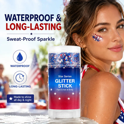 4Th of July Red White Blue Glitter Stick, Body & Hair Sparkle Makeup for Independence Day Party, Parade, Festival & Fireworks Look