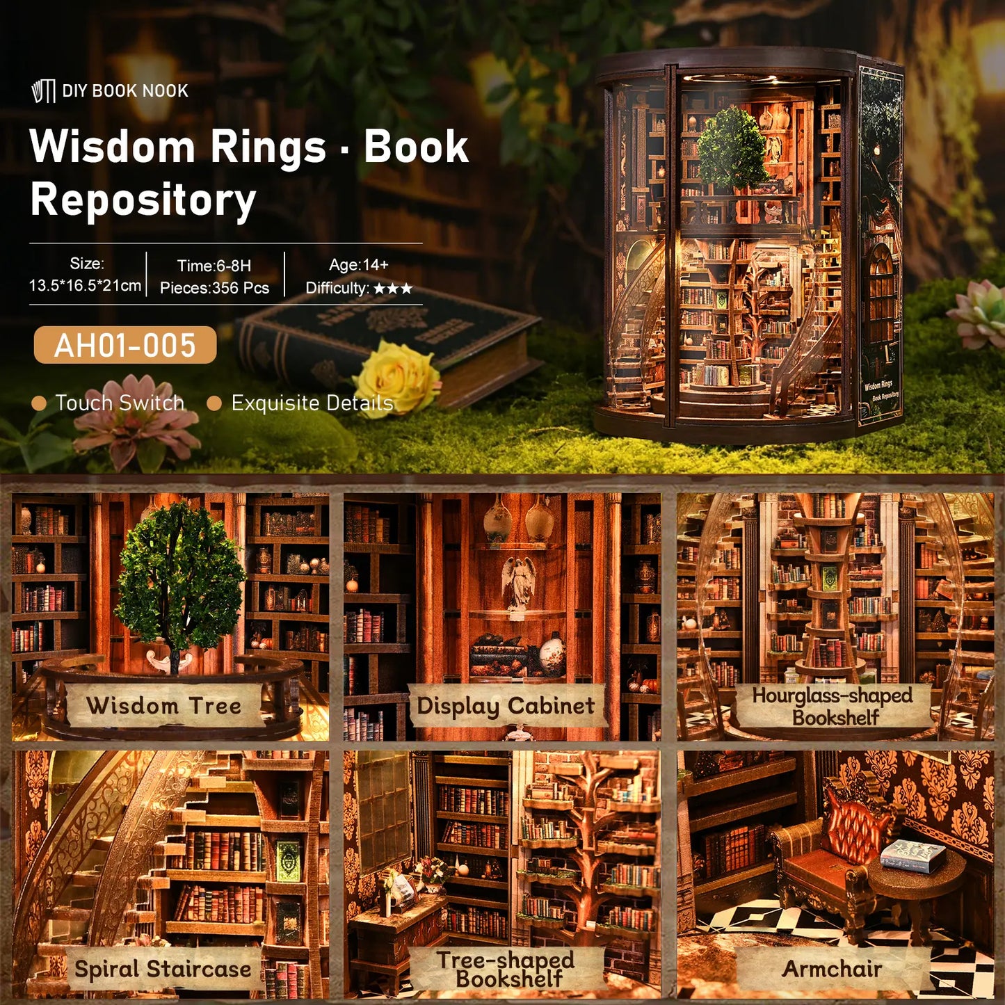Dolphinisle Book Nook Kit for Adults Booknook DIY Miniature Library Decor Fantasy 3D Puzzle (Wisdom Rings Book Repository)